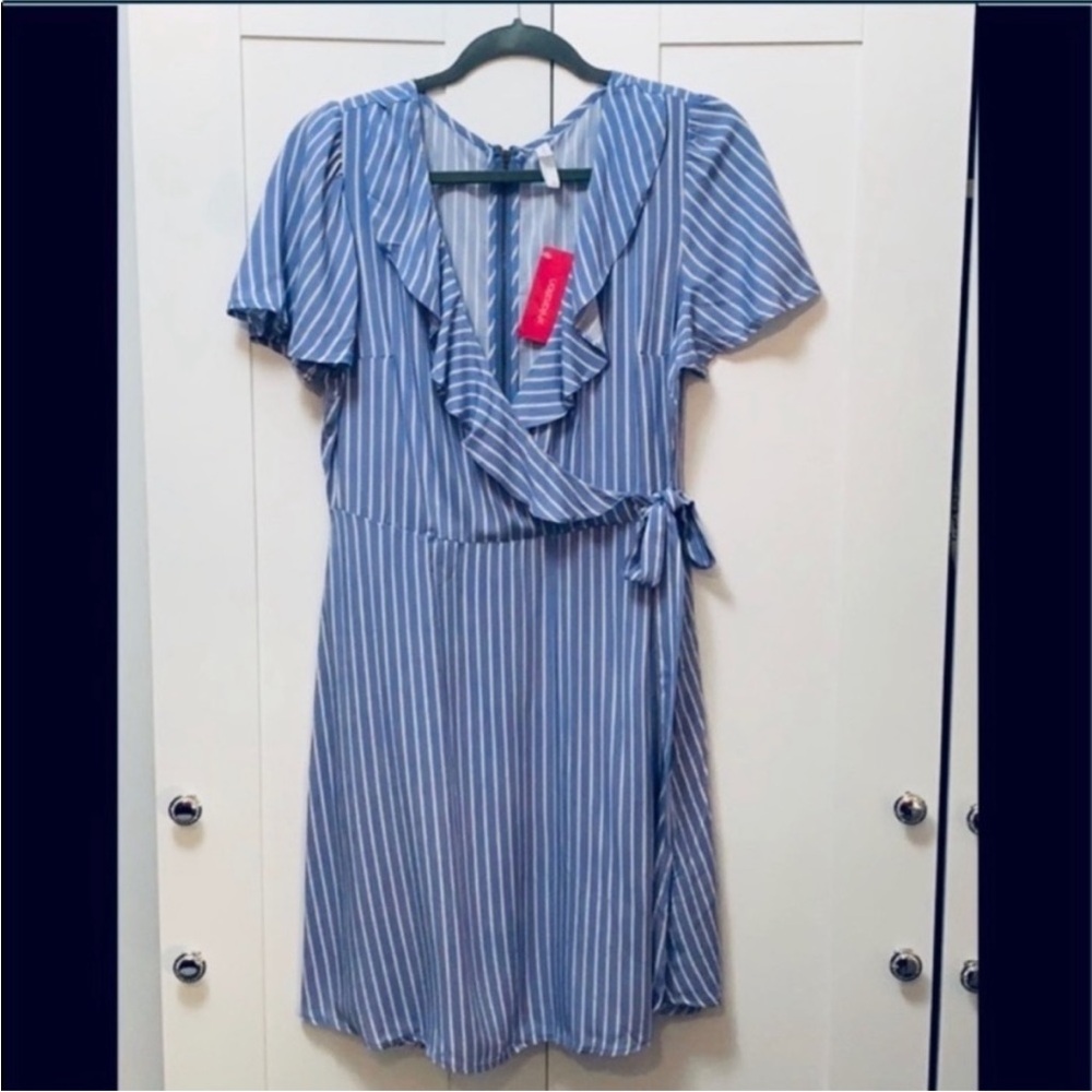 Blue and White Striped Side Wrap Tie Accent Dress Sz XXL NEW!
